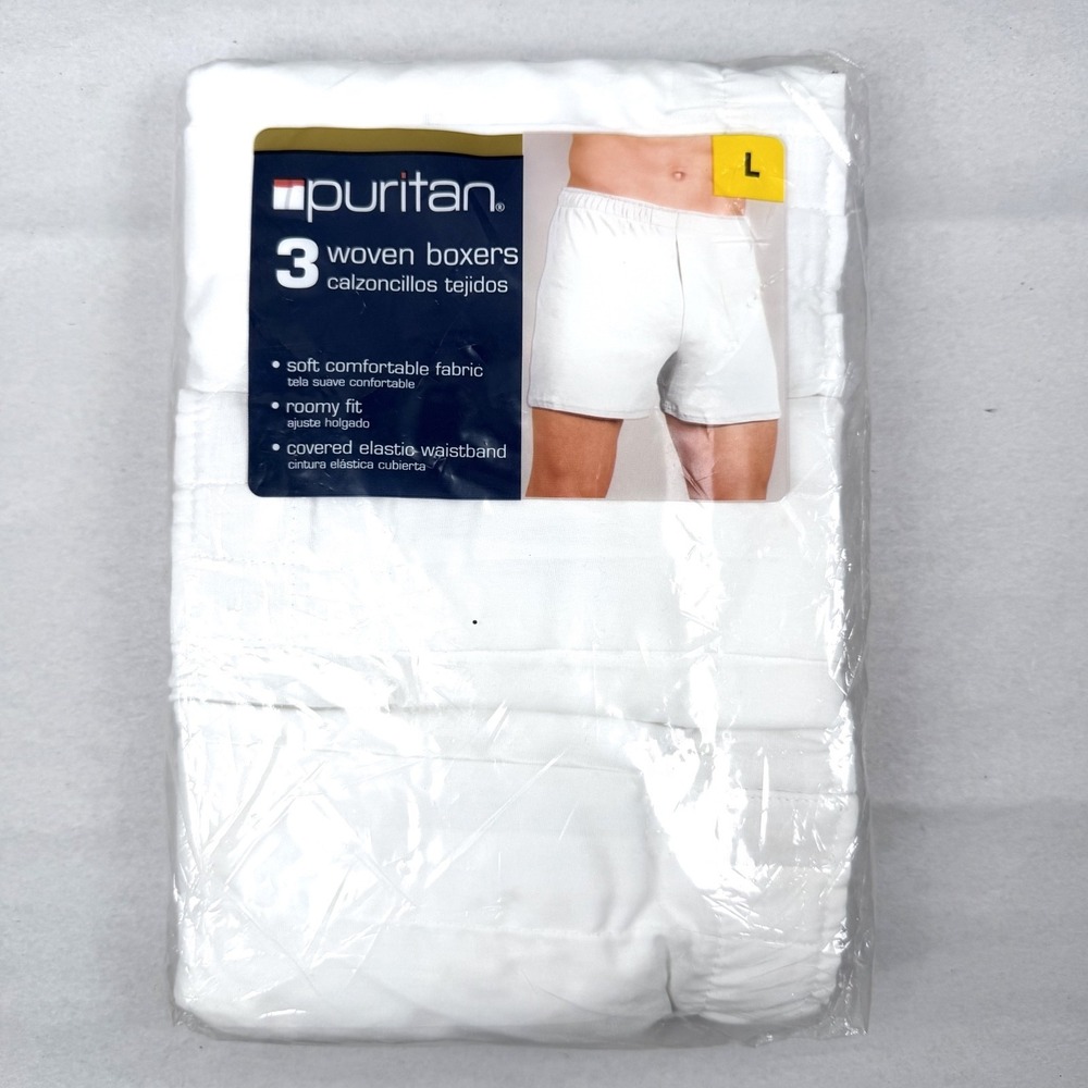 Puritan Men's Woven Boxers 3-Pack White Cotton Blend / Size Large / New Sealed